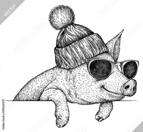 black and white engrave isolated pig vector illustration