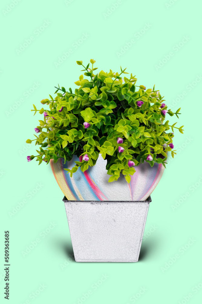 Vertical creative collage portrait of green plant over air balloon pot isolated on bright teal color background