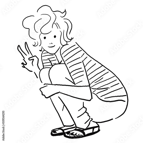 しゃがんでいる女性がピースをする線画