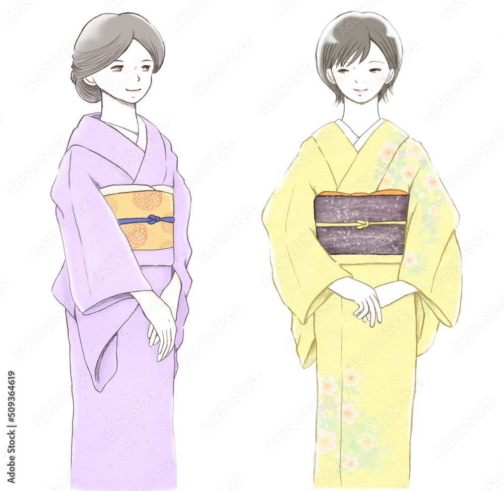 着物を着た女性2人セットイラスト 着物を着た女性2人セットイラスト