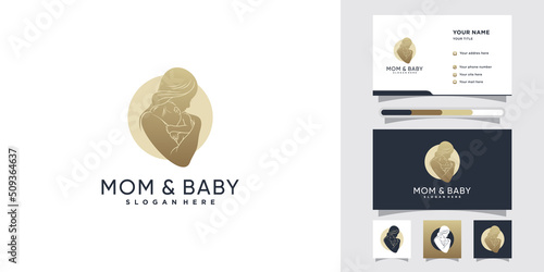 Mom and baby logo design with negative space concept and business card template Premium Vector