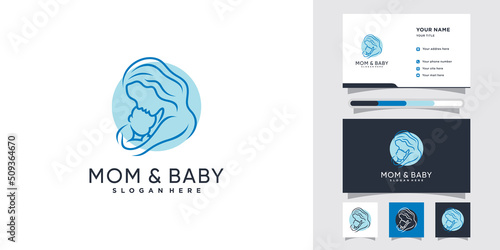 Mom and baby logo design with negative space concept and business card template Premium Vector