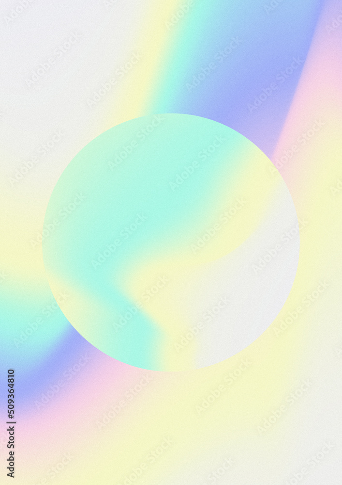 Iridescent gradient circle. Rainbow colors. Digital noise. Abstract y2k background. Vaporwave 80s, 90s style. Wall, wallpaper, print. Minimalist. Blue, turquoise, yellow, pink, purple, very peri	