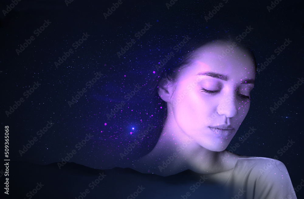Double exposure of beautiful woman and landscape under starry sky. Astrology concept Double exposure of beautiful woman and landscape under starry sky. Astrology concept