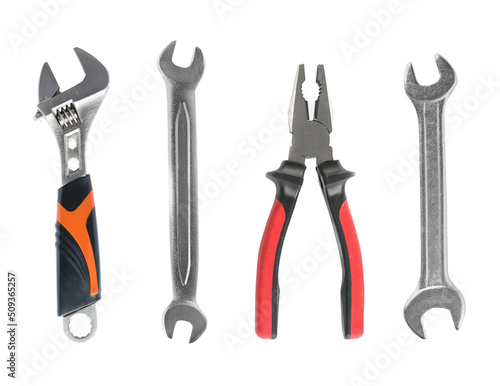 Set of different construction tools on white background