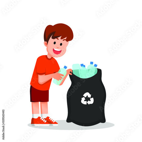 happy boy collects bottled trash to take to the recycling bin
