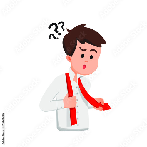 a cute boy confused how to wear a tie
