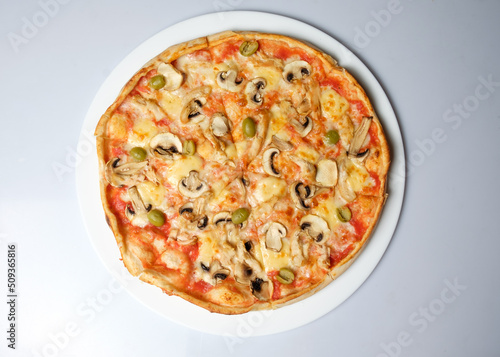 Tasty pizza with cooking ingredients and kitchen tools on white background.
