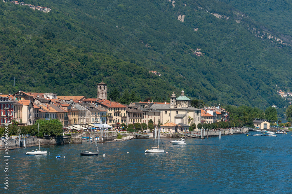 Landscape with Lake Maggiore and a view of Cannobio in Piedmont in Italy