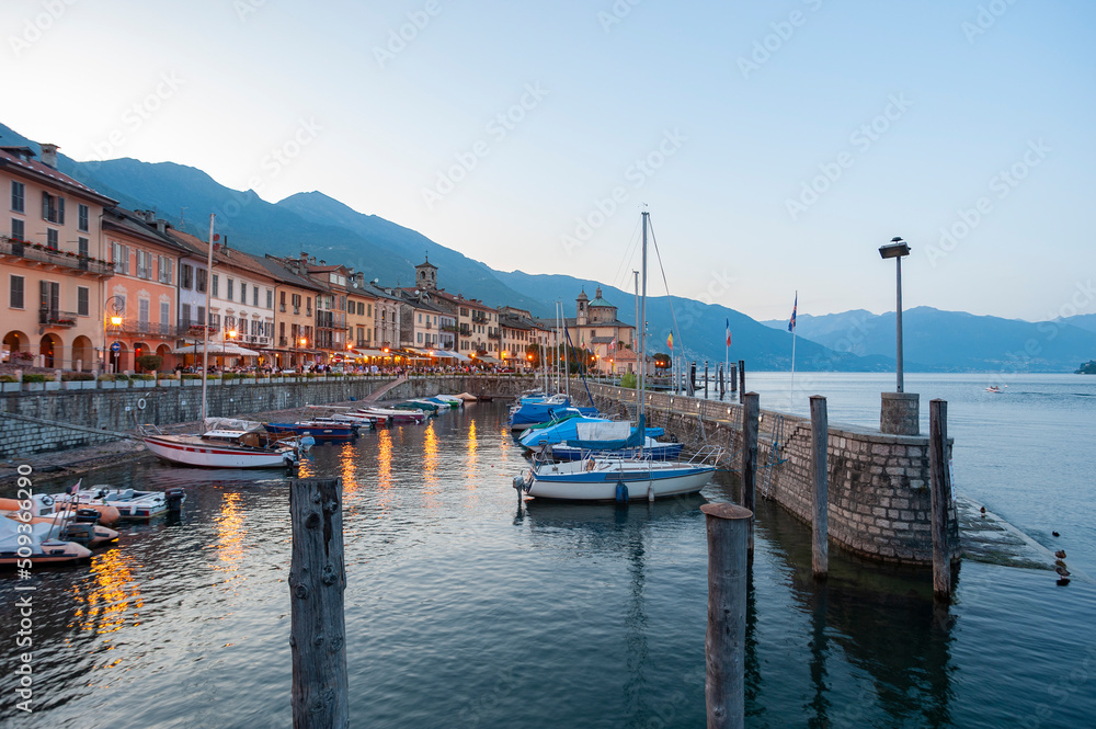 Port and historic house facades in Cannobio on Lake Maggiore in Northern Italy
