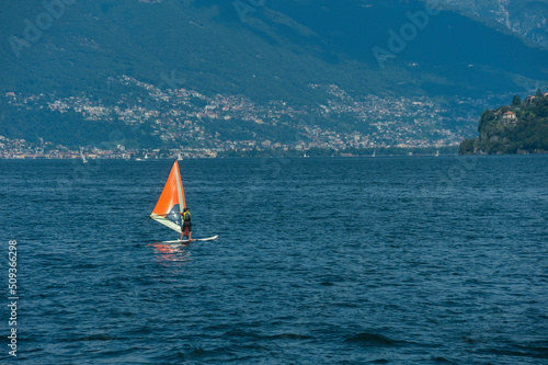 Windsurfers on Lake Maggiore by Cannobio in Northern Italy