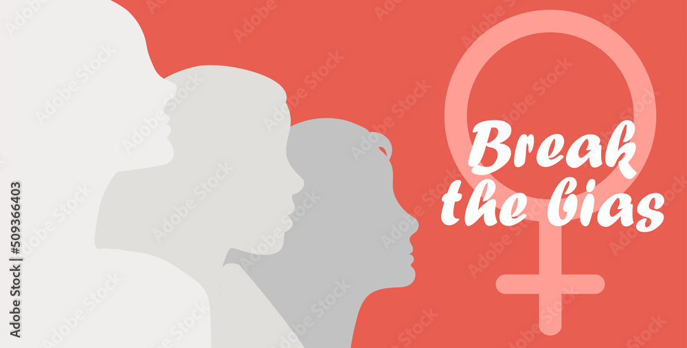 Vector banner with the image of women of the International Women Day. Concept overcome prejudice, the faces of girls standing side by side together