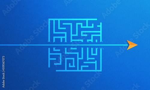 Orange paper plane breaking through maze on blue background, Concept of overcoming barriers, goal, target.
