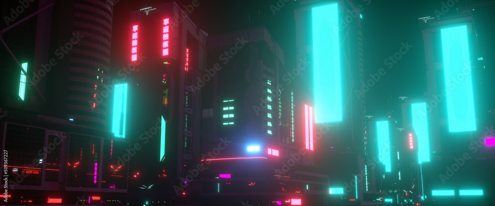 Metaverse Night city lights. Neon urban future. Futuristic city in a cyberpunk style. Photorealistic 3D illustration. Futuristic skyscrapers with huge luminous billboards.