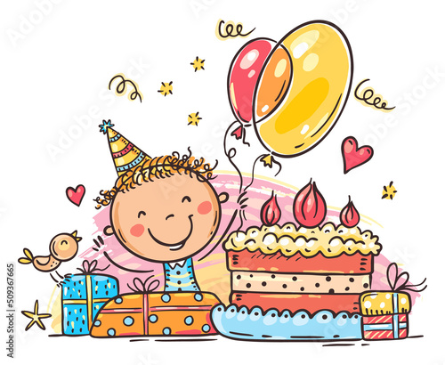 Illustration of child's birthday with gifts and birthday cake