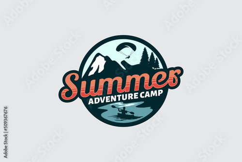 summer adventure camp logo with peoples doing outdoor activities, paragliding, canoeing.
