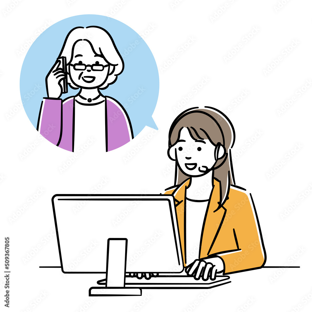 シニア女性と電話で話すオペレーターの女性のシンプルイラスト シニア女性と電話で話すオペレーターの女性のシンプルイラスト