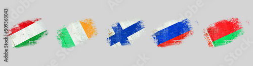 Grunge flags  Hungary. Ireland. Finland.Russia  and Belarus. Isolated on grey background Signs and symbols