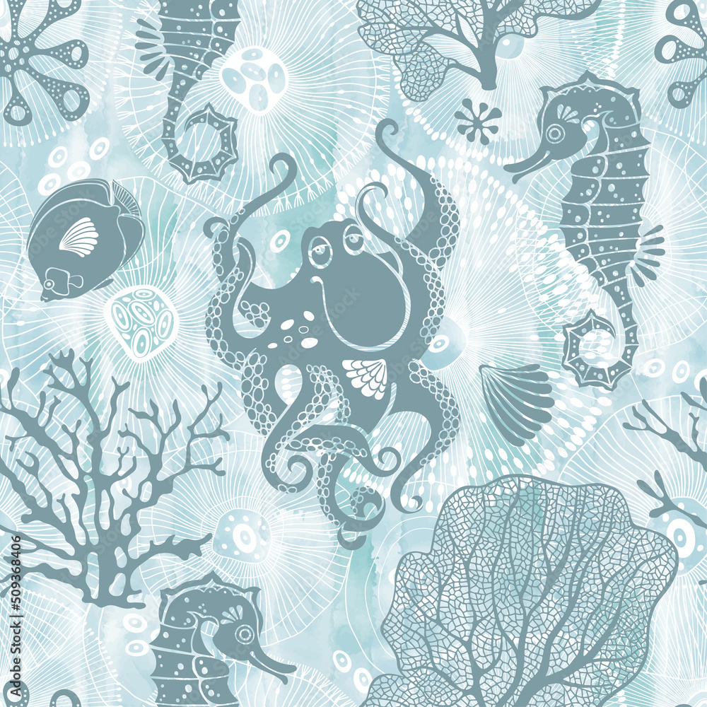 Underwater world. Cartoon seamless pattern with sea creatures and ...