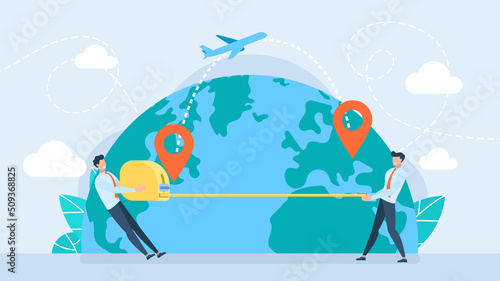 Tiny characters measure distance on the world map using a measuring tape. Travel duration. Two businessmen calculate the cost of delivery of goods. Flat design. Business illustration.