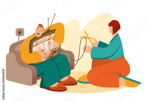 A woman fights with her relative, who is under the influence of Russian propaganda, cuts the wire of the TV. Vector illustration