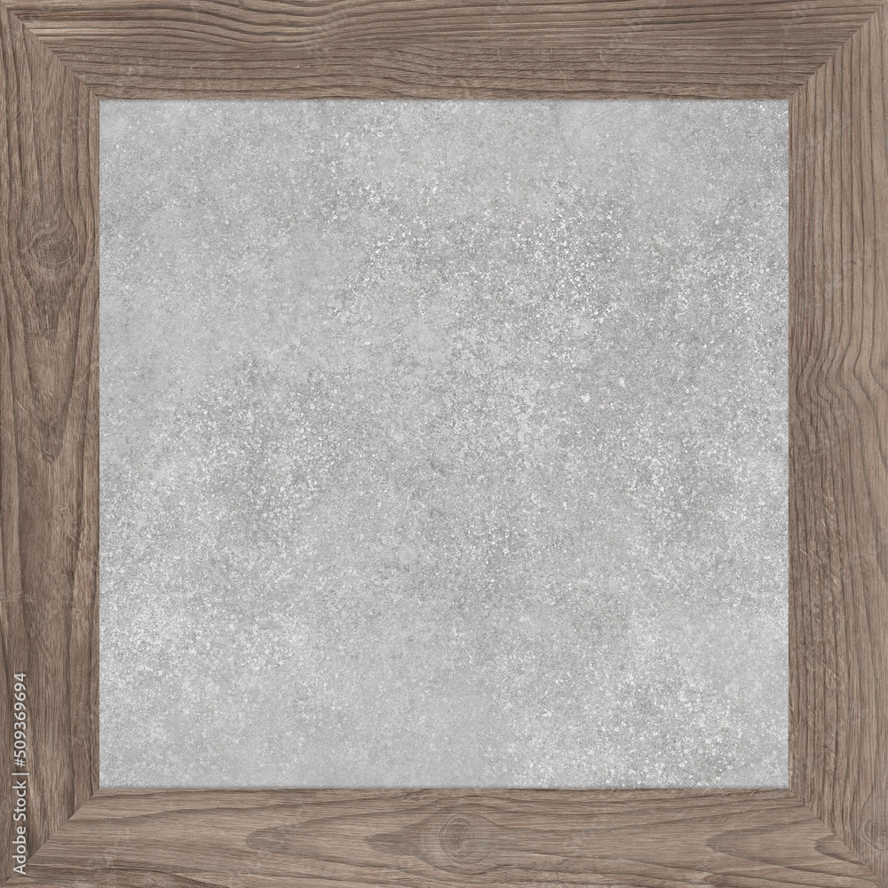 Fototapeta premium Digital ceramic tiles, cement and wood. Wooden frame in cement. Texture for interior and exterior.