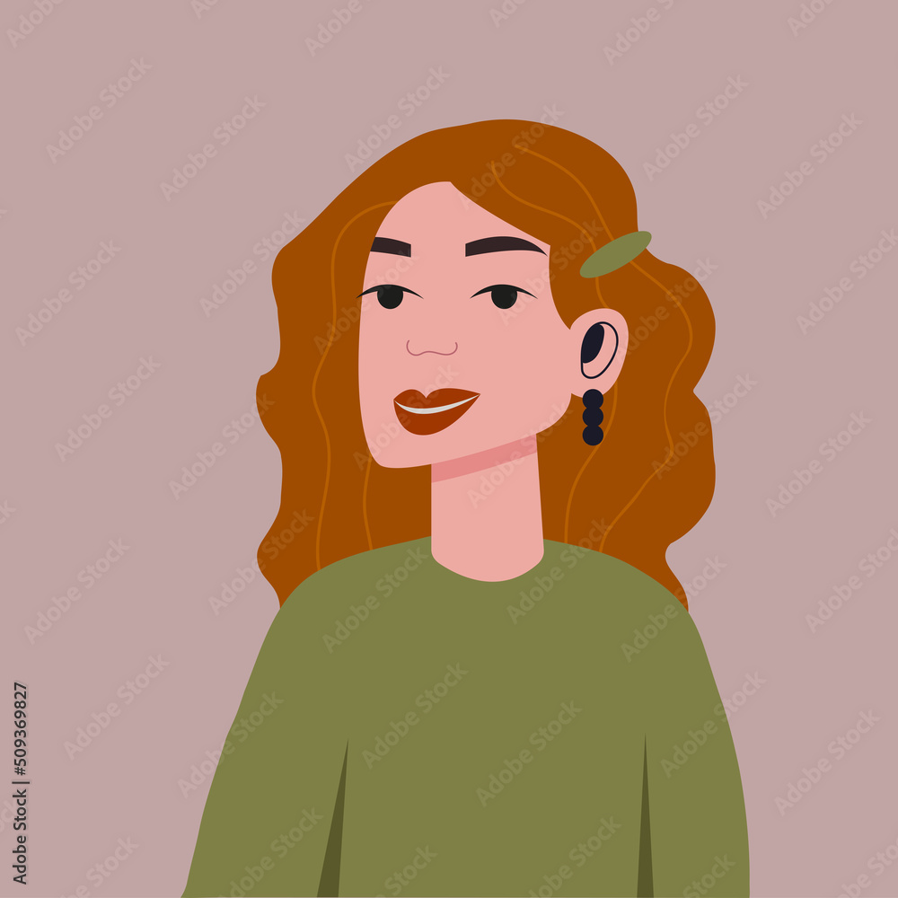Cute fashionable girl, white woman with glasses. Fashion concept. Teen, hipster, popular girl. Vector illustration in a flat style. Stylish red-haired girl with a hairpin in her hair, red lipstick. Cute fashionable girl, white woman with glasses. Fashion concept. Teen, hipster, popular girl. Vector illustration in a flat style. Stylish red-haired girl with a hairpin in her hair, red lipstick.