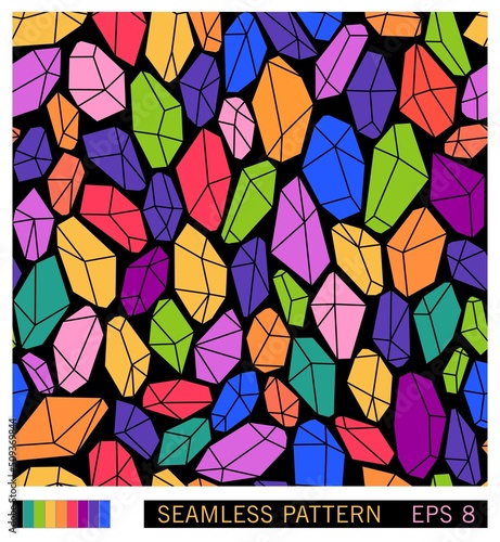 Seamless pattern. Scattering of precious stones. Multicolored crystals. Vector graphics