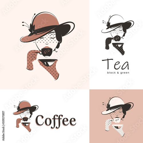 A woman in an elegant hat drinks coffee or tea. Retro style vector illustration. Logo options.