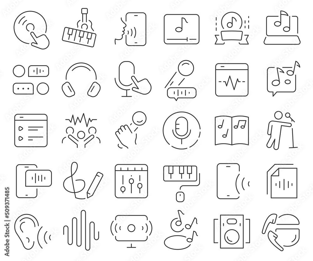 Audio and music line icons collection. Thin outline icons pack. Vector illustration eps10 Audio and music line icons collection. Thin outline icons pack. Vector illustration eps10