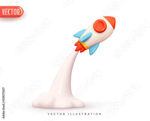 Upward launch space rocket with white smoke from turbines. Isolated spaceship in cartoon style. Rocket 3d icon. Realistic creative conceptual symbols. Business product on market. vector illustration