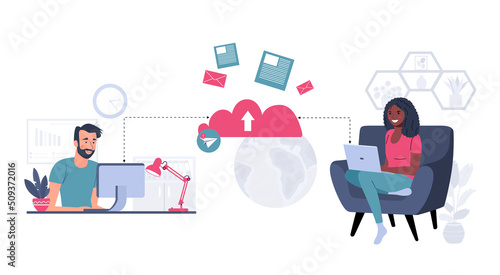 The concept of collaborative remote work in different places through a common "cloud". Vector illustration.
