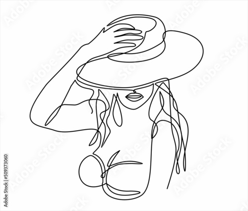 beautiful slender young woman. She laid her hands on her hat-continuous line drawing