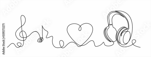 One line headphones. Continuous drawing of music gadget and note. Audio headphone outline sketch. Lineart vector concept of musical symbol. Illustration headphone drawing contour monoline