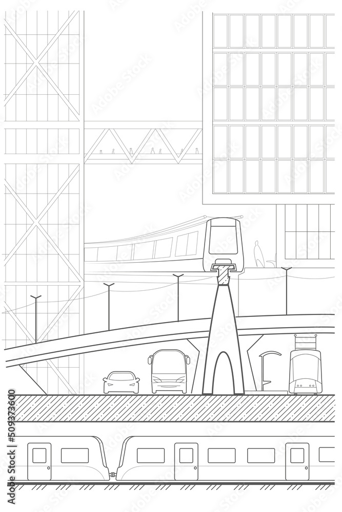 Linear abstract architectural sketch city street with multiple transport on white background