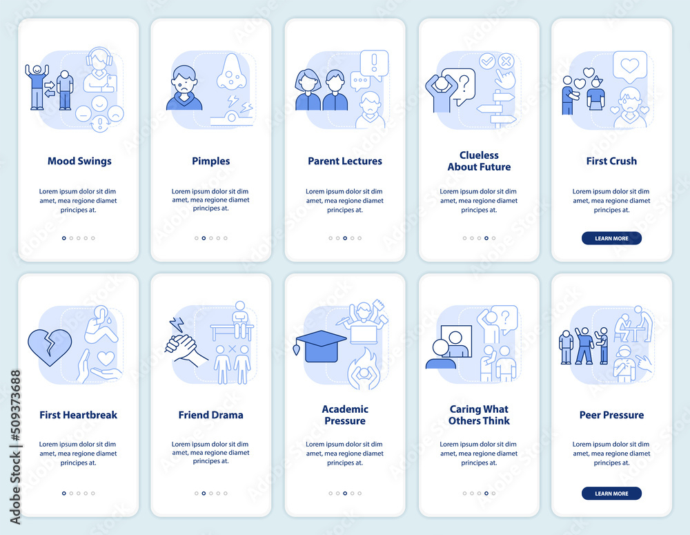 Teenage struggles light blue onboarding mobile app screen set ...