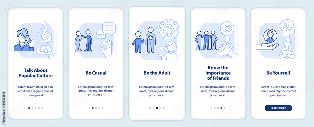 Improving teenage attitude light blue onboarding mobile app screen. Walkthrough 5 steps editable graphic instructions with linear concepts. UI, UX, GUI template. Myriad Pro-Bold, Regular fonts used Improving teenage attitude light blue onboarding mobile app screen. Walkthrough 5 steps editable graphic instructions with linear concepts. UI, UX, GUI template. Myriad Pro-Bold, Regular fonts used