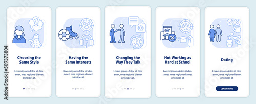 Peer pressure of being teen light blue onboarding mobile app screen. Walkthrough 5 steps editable graphic instructions with linear concepts. UI, UX, GUI template. Myriad Pro-Bold, Regular fonts used
