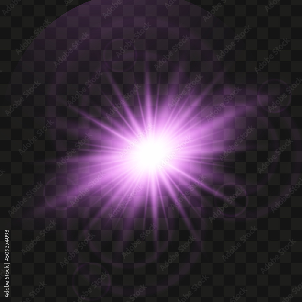 Obraz premium Purpur glowing light star on a black background. Transparent shining sun, star explodes and bright flash. Blue bright illustration starburst. 