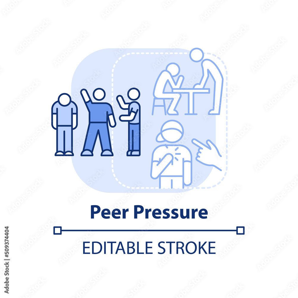 Peer pressure light blue concept icon. Teenage life struggle abstract idea thin line illustration. Peer influence. Isolated outline drawing. Editable stroke. Arial, Myriad Pro-Bold fonts used Peer pressure light blue concept icon. Teenage life struggle abstract idea thin line illustration. Peer influence. Isolated outline drawing. Editable stroke. Arial, Myriad Pro-Bold fonts used