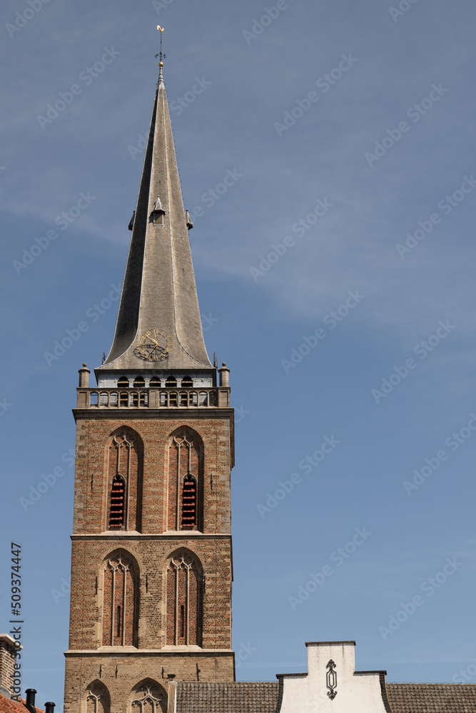 Church tower of the medieval Grote or Saint Gudula Church in the center of the Dutch city of Lochem in the Achterhoek.