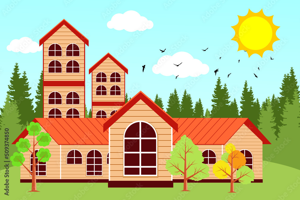 Wooden house. Suburban residence. Illustration of housing on the background of pine trees and seagulls