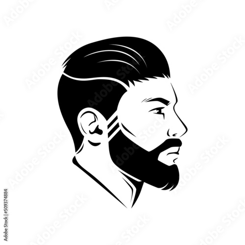 Barbershop men hairstyle and beard illustration from the side. Vector isolated on white background