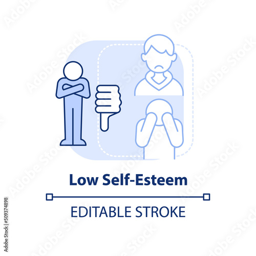 Low self-esteem light blue concept icon. Body image perception in teens abstract idea thin line illustration. Isolated outline drawing. Editable stroke. Arial, Myriad Pro-Bold fonts used