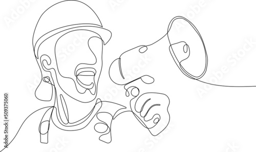 Close up of young Caucasian construction worker with loudspeaker for work while standing in warehouse. Vector illustration