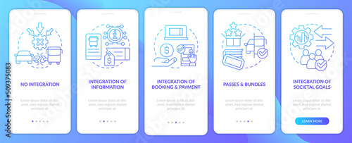 MaaS integration levels blue gradient onboarding mobile app screen. Public walkthrough 5 steps graphic instructions with linear concepts. UI, UX, GUI template. Myriad Pro-Bold, Regular fonts used