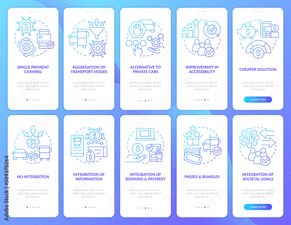 Mobility services blue gradient onboarding mobile app screen set. Transport walkthrough 5 steps graphic instructions with linear concepts. UI, UX, GUI template. Myriad Pro-Bold, Regular fonts used Mobility services blue gradient onboarding mobile app screen set. Transport walkthrough 5 steps graphic instructions with linear concepts. UI, UX, GUI template. Myriad Pro-Bold, Regular fonts used