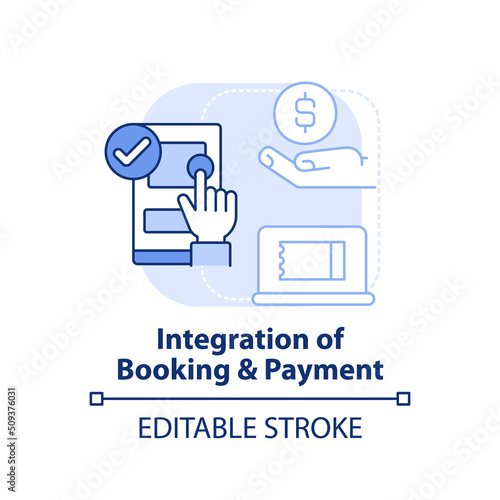 Integration of booking and payment light blue concept icon. Maas integration level abstract idea thin line illustration. Isolated outline drawing. Editable stroke. Arial, Myriad Pro-Bold fonts used