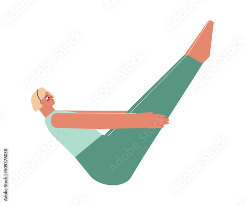 Vector isolated illustration with flat female character. Strong woman learns posture Paripurna Navasana at yoga class. Fitness exercise - Boat Pose