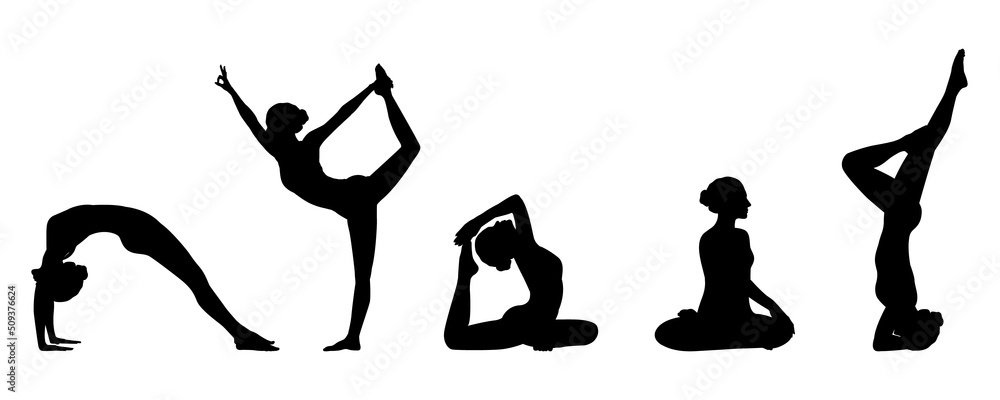 Slim women doing yoga and exercises. Healthy lifestyle. Set of vector yoga  illustrations design isolated on white background for print, web, poster.  Stock Vector